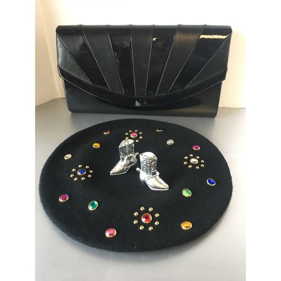 Black Patent Leather Structured Envelope Clutch Bag Vintage 70s Accessory - Picture 6 of 6